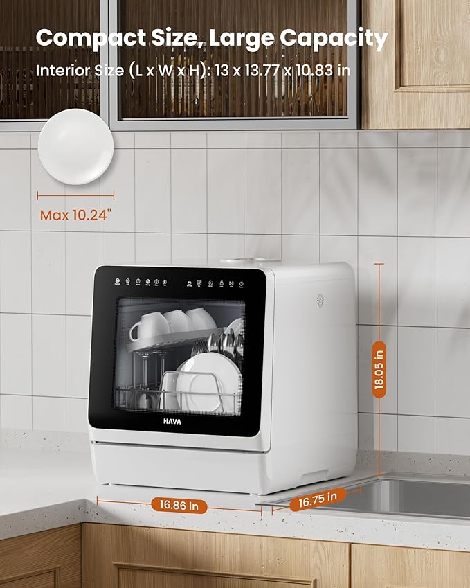 HAVA 2025 NEW Upgraded Countertop Dishwasher with Water Softener and Enhanced Energy Efficiency, Portable Dishwasher with 8 Wash Programs, Child Lock & Delayed Start Function, No Installation Needed-BubblyBeeBaby