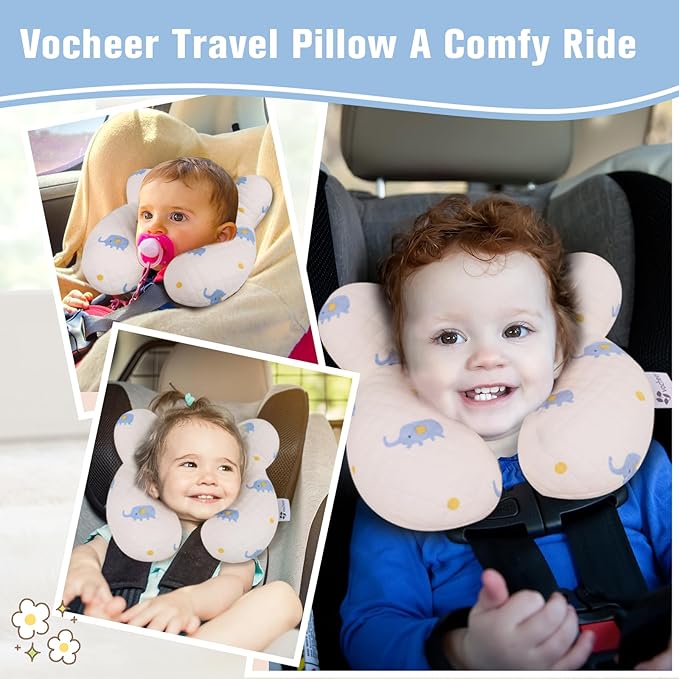 vocheer Baby Neck Pillow(Upgraded),Cotton, Baby Support Pillow, Car Seat Pillows for Newborn, Carseat Head and Body Support, Infant Travel Pillows for Prams, Pushchair, Stroller, Bouncer, Elephant-BubblyBeeBaby