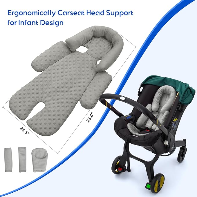 Baby Car Seat Head Support for Doona Stroller, Thickened Infant Carseat Head Support with 3 Strap Covers, Reversible Car Seat Insert for Newborn, Baby Car Seat Cushion with Filled Natural Cotton-BubblyBeeBaby