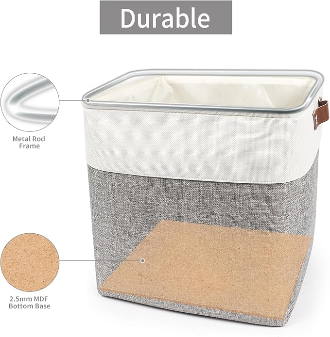 13x13 Cube Storage Bins, Collapsible Fabric Storage Box, 4 Pack Closet Baskets with Handles for Organizing, Shelf, Toys, Clothes, Home, Office, Nursery (Grey&White)-BubblyBeeBaby