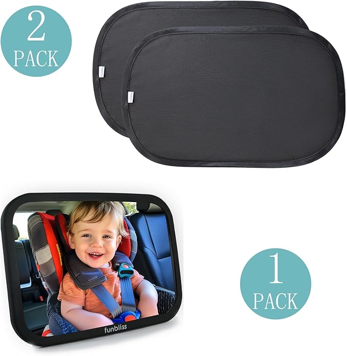 Funbliss Bar Mirror for Baby + 2 Pack Car Window Shades Bundle (19″ × 12″), UPF 50+ Window Shade for Baby in Car, 360° Rotation Fully-Adjustable Straps-BubblyBeeBaby