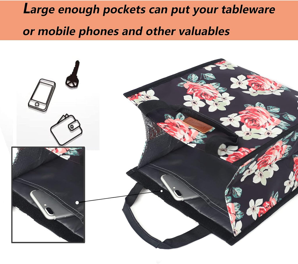 Lunch Bags for Women Insulated Reusable Lunch Tote with Internal Pocket, Lunch Tote bag for Work (Flower)
