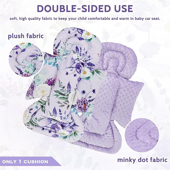 Infant Car Seat Insert and Strap Covers, Very Soft Car Seat Head Support Baby Girl Boy, Reversible Newborn Carseat Insert Cushion Fits for Stroller, Baby Swing, Bouncer (Purple Floral)-BubblyBeeBaby