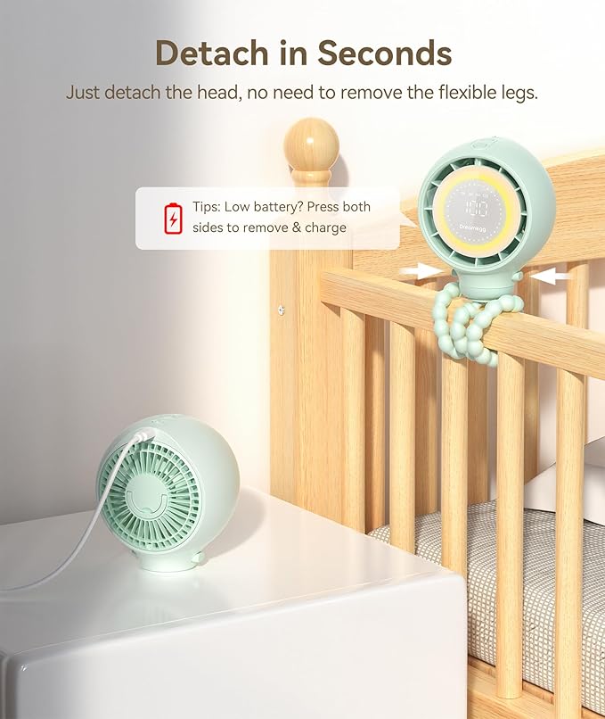 Dreamegg Portable Stroller Fan - 4000mAh Rechargeable Baby Stroller Fan With LED Display, Night Light, Hidden Blade, Detachable 4 Speed 360°Rotate, Handheld Cooling for Crib,Travel, Car Seat(Green)-BubblyBeeBaby