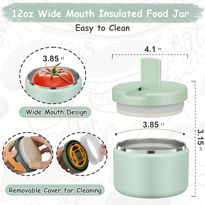 12oz Insulated Vacuum Food Jar with Buckle Lid Wide Mouth Soup Thermo for Hot Food Kids Leakproof Stainless Steel Lunch Container (Mint, 12OZ)-BubblyBeeBaby