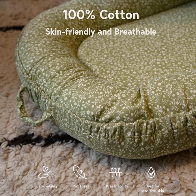 Infant Lounger, Baby Nest Cover for Baby Girls & Boys, Newborn Essentials for Baby 0-18+ Months, 100% Cotton Breathable (Green_Wonder, Cotton_Muslin)-BubblyBeeBaby