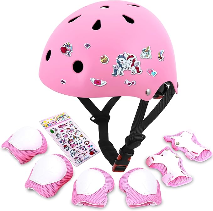Kids Bike Helmet with DIY Stickers and Knee Pads Elbow Pads Wrist Guard Set for Ages 3-8-14 Toddler Boys Girls Helmet for Roller Skates Cycling Skateboarding Bicycle Scooter-BubblyBeeBaby