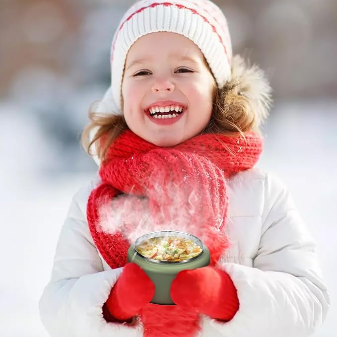 13.5oz Kids Thermos for Hot Food, Insulated Vacuum Food Jar with Buckle Lid, Stainless Steel Wide Mouth Leak Proof Insulated Lunch Container for School Picnic Travel, Green-BubblyBeeBaby