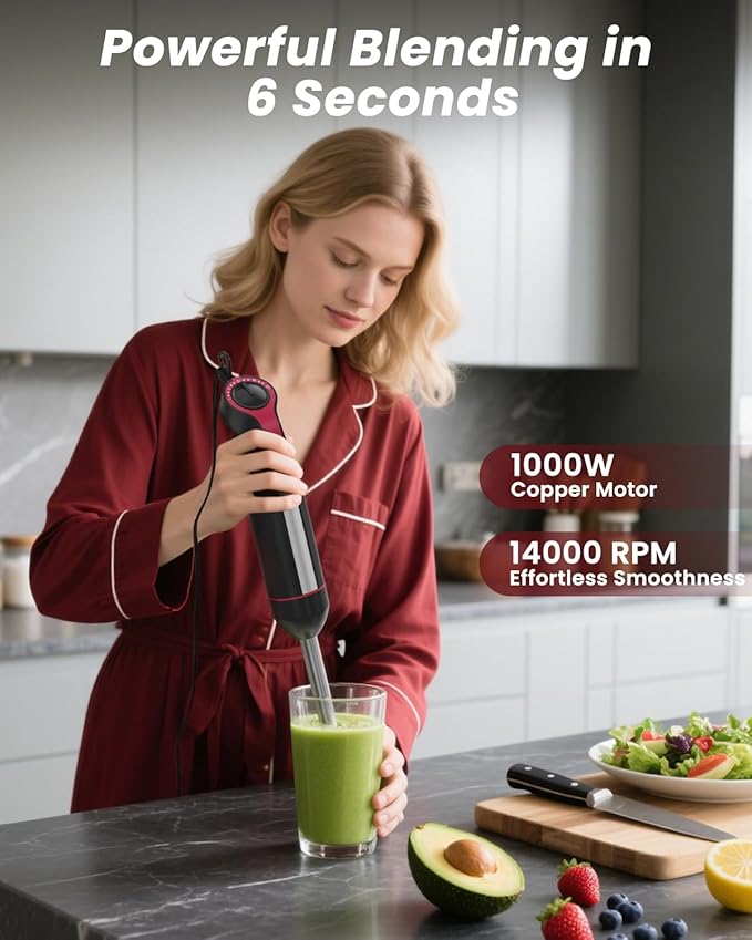 Immersion Blender Handheld 1000W, 3 in 1 Stick Hand Blenders for Kitchen with 20 Variable Speeds & Turbo, 304 Stainless Steel with Electric Whisk & Milk Frother Attachments for Soup, Puree & Emulsion-BubblyBeeBaby