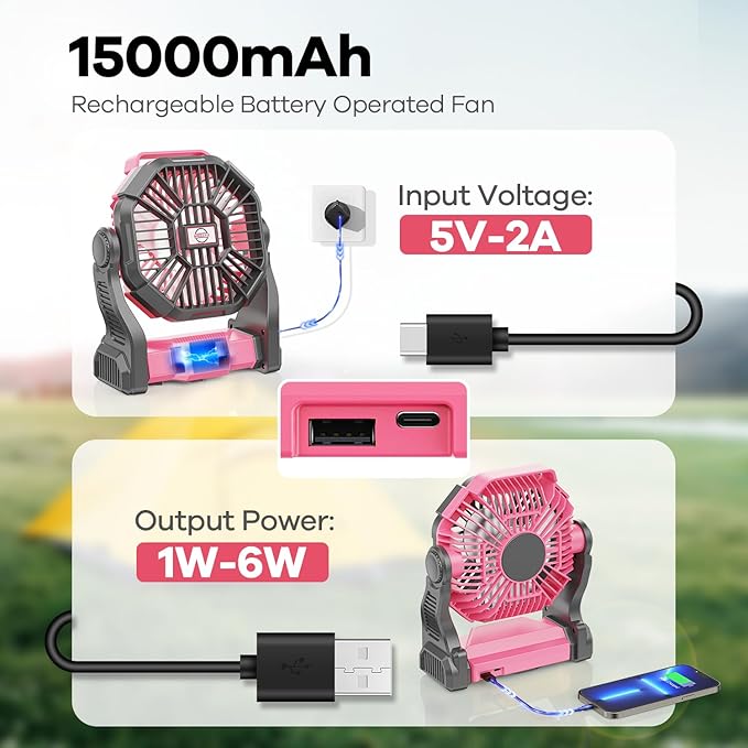 15000mAh Portable Battery Powered Camping Fan - with LED Light, Quiet Battery Operated, Camping Gear for Travel, Tent, Beach, Car or Hurricane Power Outages, Pink-BubblyBeeBaby