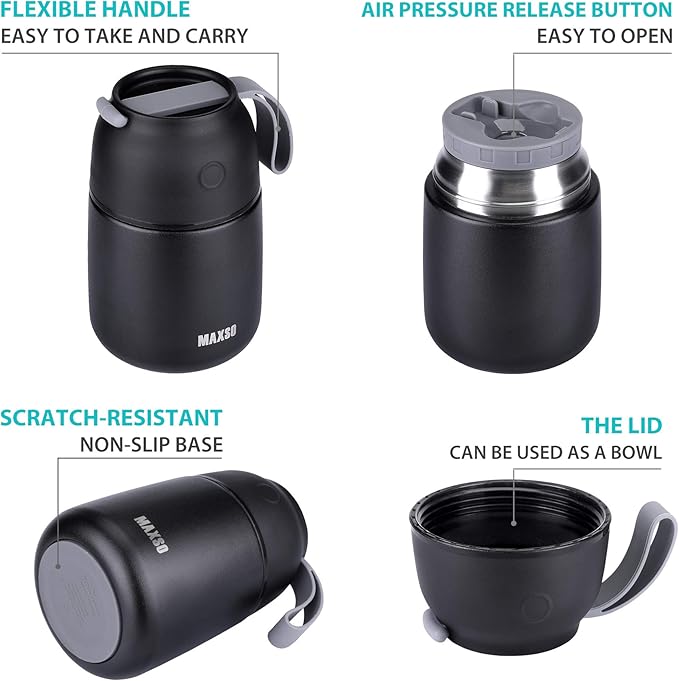 Insulated Thermo Food Jar for Hot & Cold Food for Kids Adult, 17&24 oz Soup Thermal Hot Food Containers for Lunch, Triple Layer Insulation Stainless Steel Food Jar with Spoon (2 Pack Black)-BubblyBeeBaby