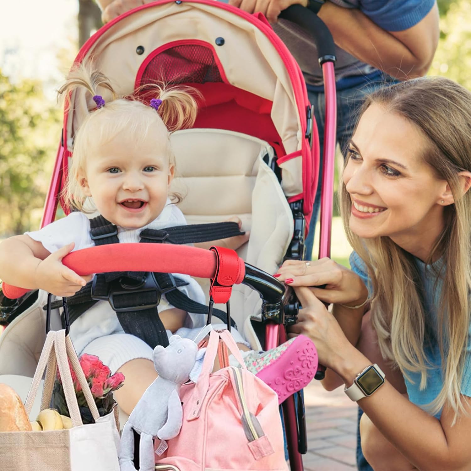Baby Stroller Hooks Bag Hooks for Hanging Diaper Bags Multipurpose Hooks for Grocery Shopping Bags Premium Vegan Leather Pram Straps 2 Pcs (red)