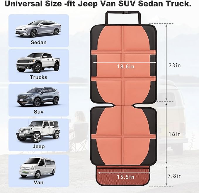 Car Seat Protector for Child, 2 Pack Covers with Mesh Pockets & Non-Slip Backing, 600D Durable Under Seat for Back (Orange, Large)-BubblyBeeBaby