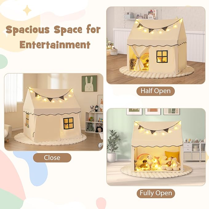 INFANS Kids Play Tent with Washable Mat Star Light Windows, Anti-Trip Large Playhouse Toys for Children Boys Girls, Indoor Outdoor Princess Tents Castle for Toddlers (Black- Wide Door)-BubblyBeeBaby