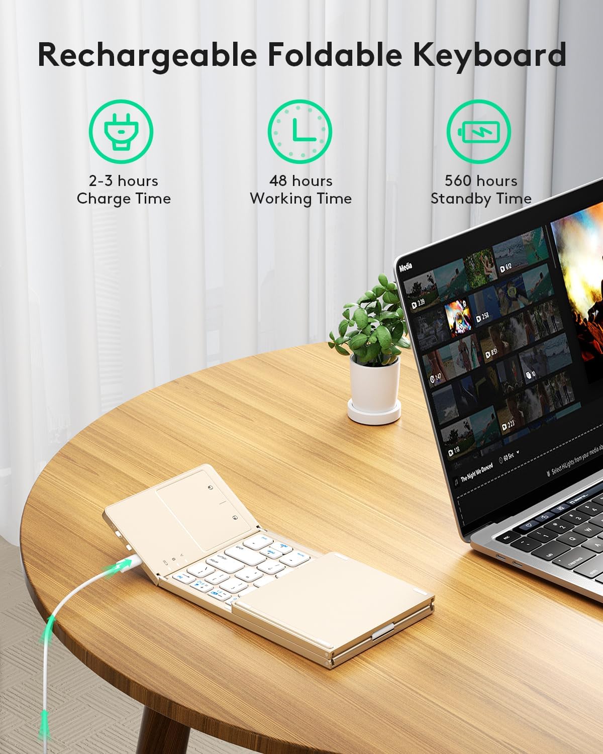 Samsers Multi-Device Foldable Bluetooth Keyboard with Touchpad, Rechargeable Dual-Mode(2.4G+BTx2) Wireless Keyboard with Holder, Portable Folding Keyboards for Android Windows iOS Mac OS - Gold