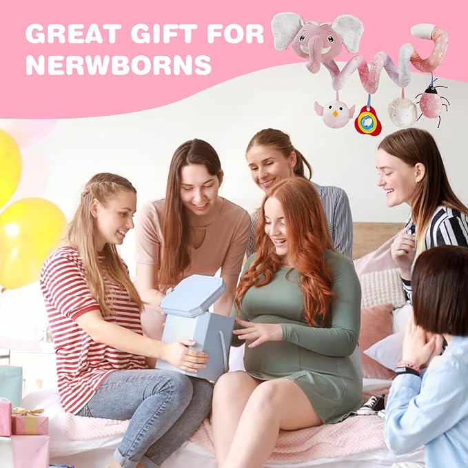 Jollybaby Baby Car Seat Stroller Toys, Plush Activity Hanging Spiral Activity Pram Crib with Music Box, Rattles, Squeaker for Babies Infant Boys Girls(SZ Pink Elephant)-BubblyBeeBaby
