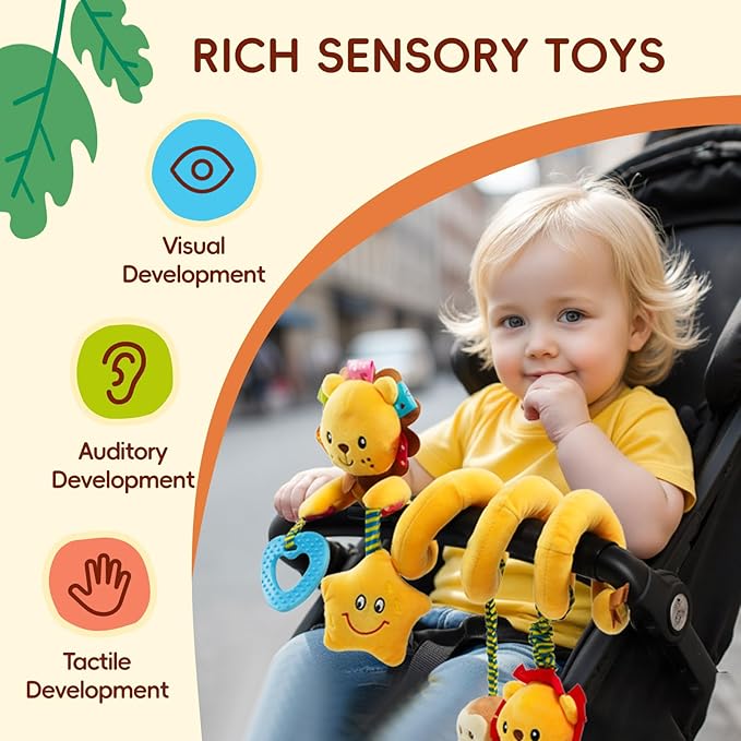 Jollybaby Crib Stroller Car Seat Toys for Baby 0-3-6-9-12 Months, Tummy Time Hanging Sensory Toys for Newborn with Music Box and Teether, Spiral Carseat Toy for Infant Boys Girls Gifts (Little Lion)-BubblyBeeBaby