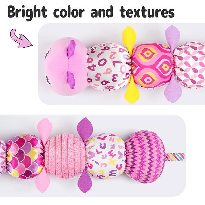 Infant Baby Musical Stuffed Animal Activity Soft Toys with Multi-Sensory Crinkle, Rattle and Textures for 0-3-6-12 Months Developmental Toys, Caterpillar, Purple-BubblyBeeBaby