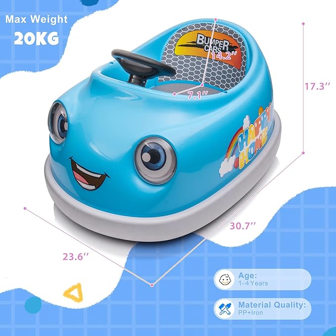 12V Dual Battery Electric Ride on Kids Bumper Car w/Remote Control,360 Degree Spin,Push Rod Rocker Horse Function,3-Speeds Babies & Toddlers Bumping Car Ride on Toy Gift for 1-4 Years Children (Blue)-BubblyBeeBaby