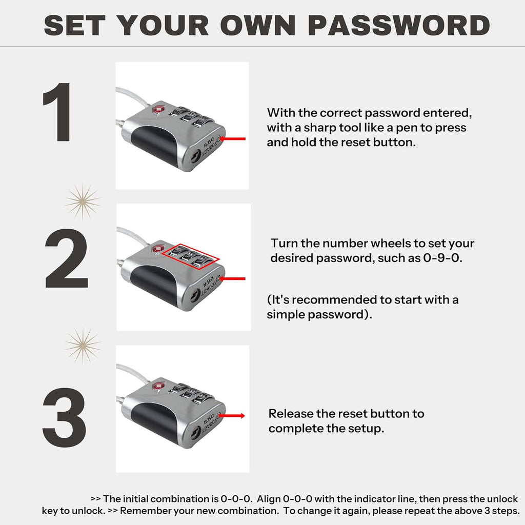 TSA Approved Luggage Locks - Small Combo Travel Padlock with Cable, TSA 007 Suitcase & Backpack Security, Durable & Easy to Use (Black+Blue)
