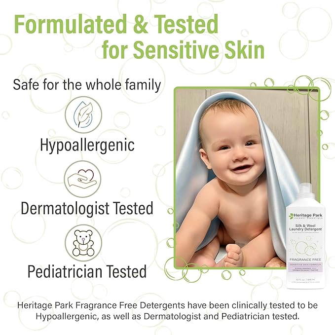 Heritage Park Silk & Wool Fragrance Free, Hypoallergenic, pH-Neutral Laundry Detergent - Dermatologist-tested, Sensitive Skin-Friendly, Enzyme-Free, Ultra Concentrated (64 fl oz Refill, 4-Pack)-BubblyBeeBaby