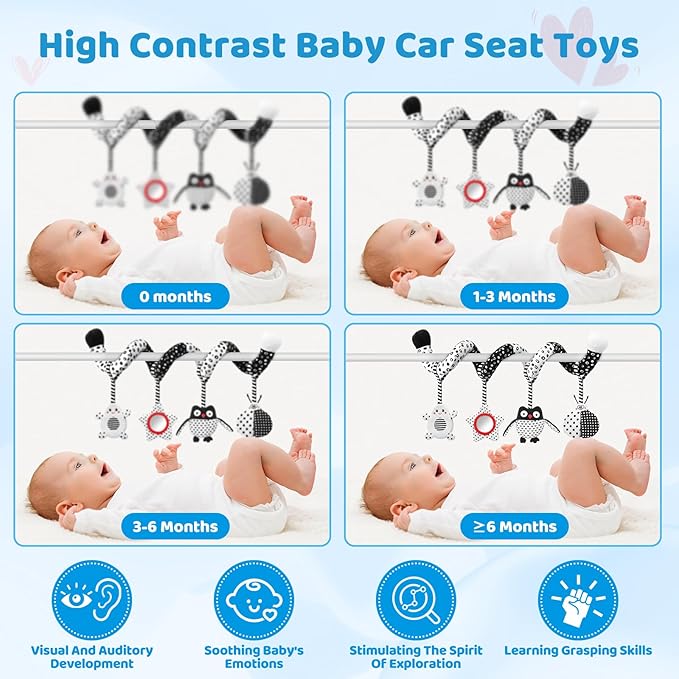 High Contrast Baby Toys - Black & White Hanging Toys for Car Seat, Stroller & Crib | Newborn Essentials 0-6 Months | Perfect-BubblyBeeBaby