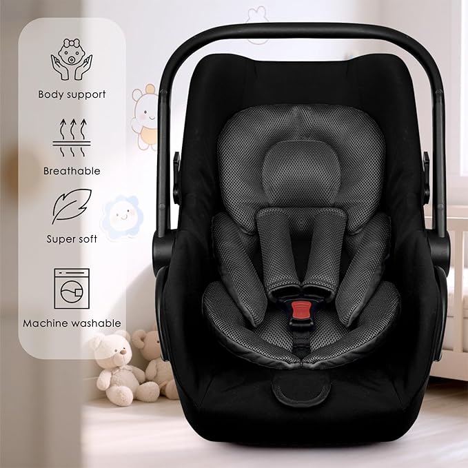 Infant Car Seat Insert for Newborn Girls Boys, Summer Mesh Baby Carseat Head Support with Strap Pads, Soft Reversible Baby Car Seat Insert Cushion Pad for Car Seat, Stroller, Bouncer, Swing, Black-BubblyBeeBaby