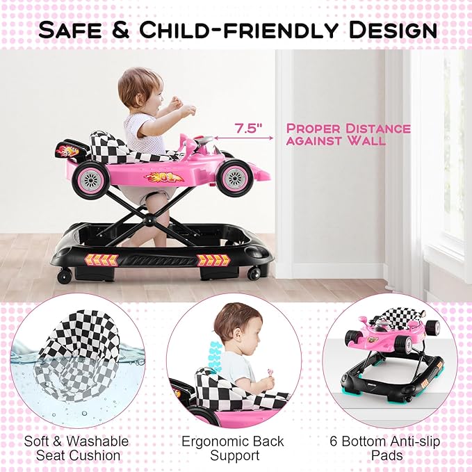 HONEY JOY Baby Walker, 4-in-1 Foldable Infant Activity Push Walker, Toddler Car Walker w/Adjustable Heights, Music, Lights, Removable Tray, Baby Walker with Wheels for Boys Girls 7-14 Months (Pink)-BubblyBeeBaby