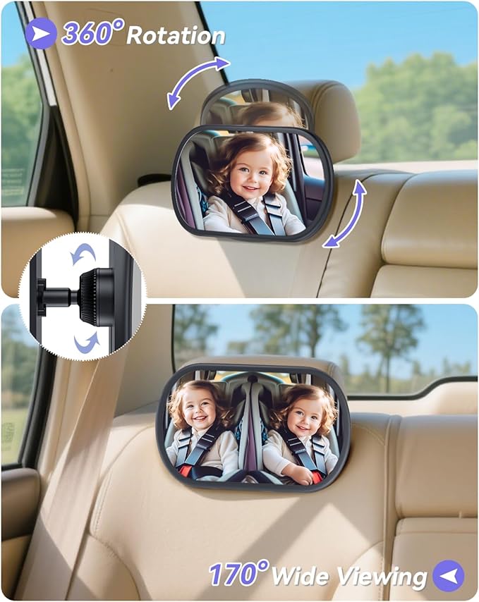 Baby Car Mirror for Backseat - Rear Facing Car Seat Mirror Safety for Infant Newborn - Easily Observe the Baby Move,Clear Wide View,360°Rotation, Secure, Shatterproof - Black-BubblyBeeBaby