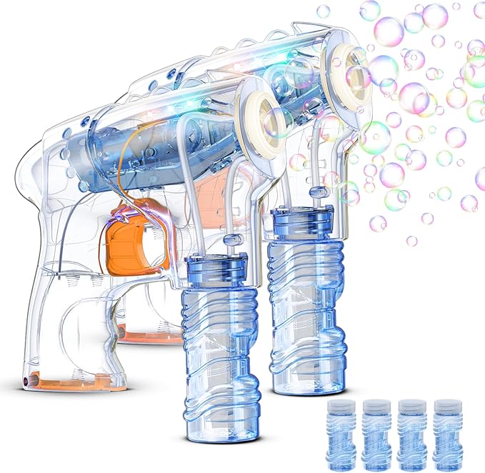 Kid Odyssey 2 Pack Bubble Gun with 4 Refill Solution and 3 Colorful LED Light, Bubble Machine for Kids, Bubble Maker for Party Favors, Birthday Gift, Indoor Outdoor Toys for Toddlers-BubblyBeeBaby