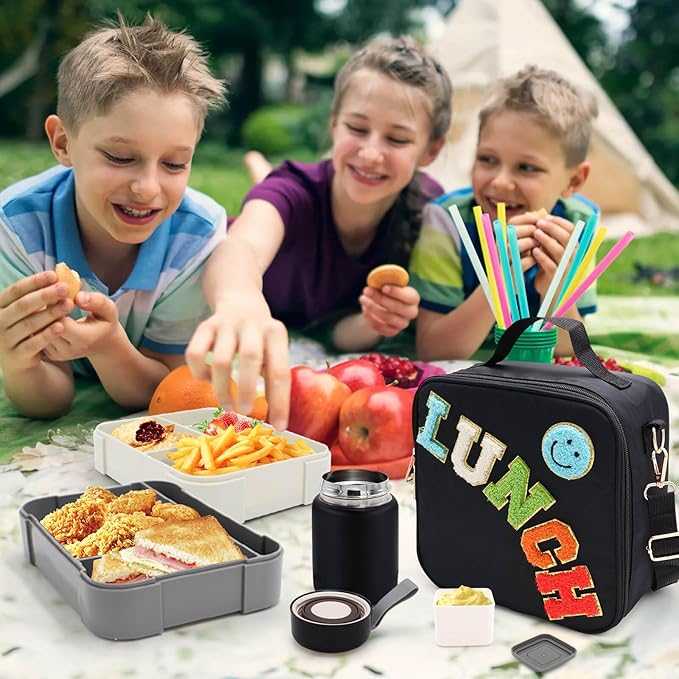 Insulated Lunch Bag for Boys Girls with 10oz Thermo, with 6 Compartment Bento Box, Black Nylon Preppy Lunch Box Adjustable Strap for Boy Girl Kids Teens School Travel Picnic-BubblyBeeBaby