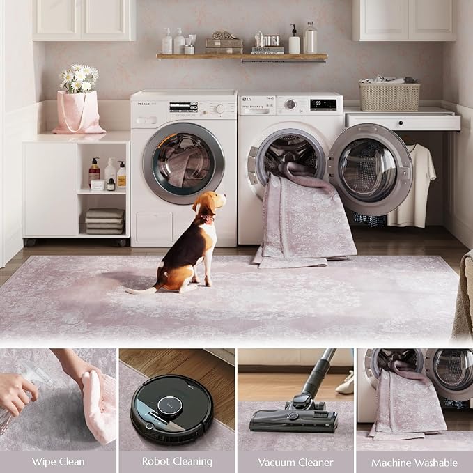 jinchan Hallway Runner Rug 2x8 Vintage Floral Distressed Design - Machine Washable Non-Slip Low-Pile Soft Thin Faux Wool Kitchen Carpet for Farmhouse Bedroom Laundry Room(2x8ft,Orchid)-BubblyBeeBaby