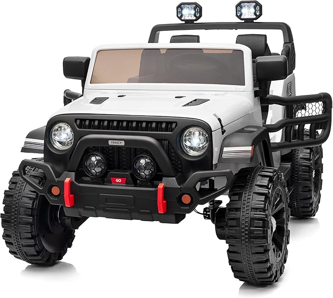 2 Seater Ride on Car Truck, 12V Kids Electric Ride on Toy for Big Kids Age 3-8 w/Remote Control- White-BubblyBeeBaby