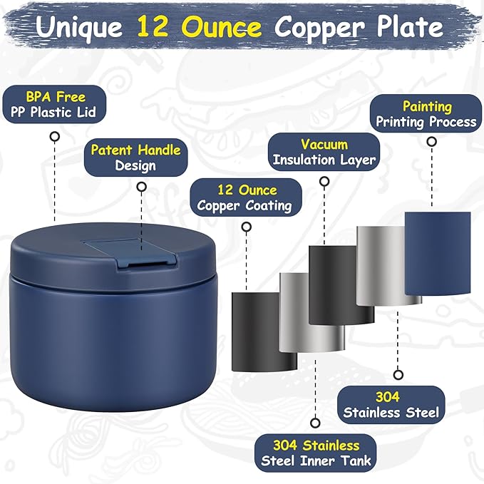 12oz Insulated Vacuum Food Jar with Buckle Lid Wide Mouth Soup Thermo for Hot Food Kids Leakproof Stainless Steel Lunch Container- Blue 1 Pack-BubblyBeeBaby