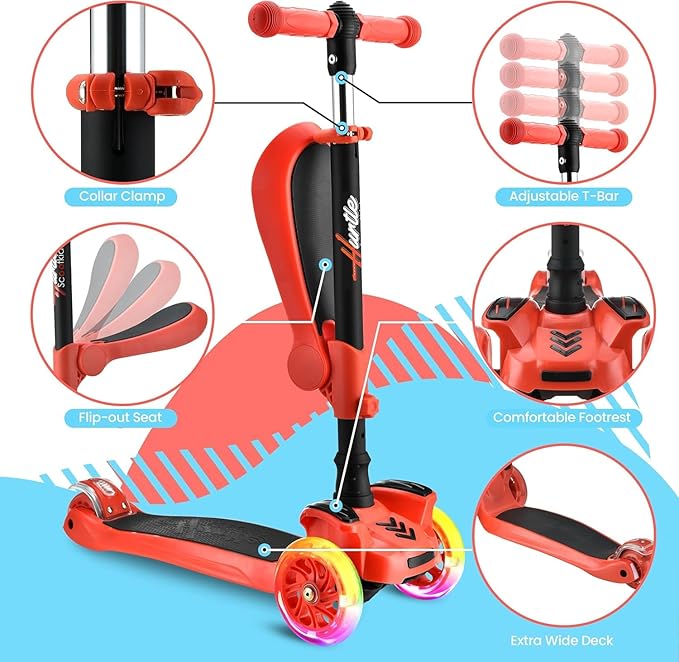 Hurtle 3-Wheeled Scooter for Kids - Wheel LED Lights, Adjustable Lean-to-Steer Handlebar, and Foldable Seat - Sit or Stand Ride with Brake for Boys and Girls Ages 1-14 Years Old-BubblyBeeBaby