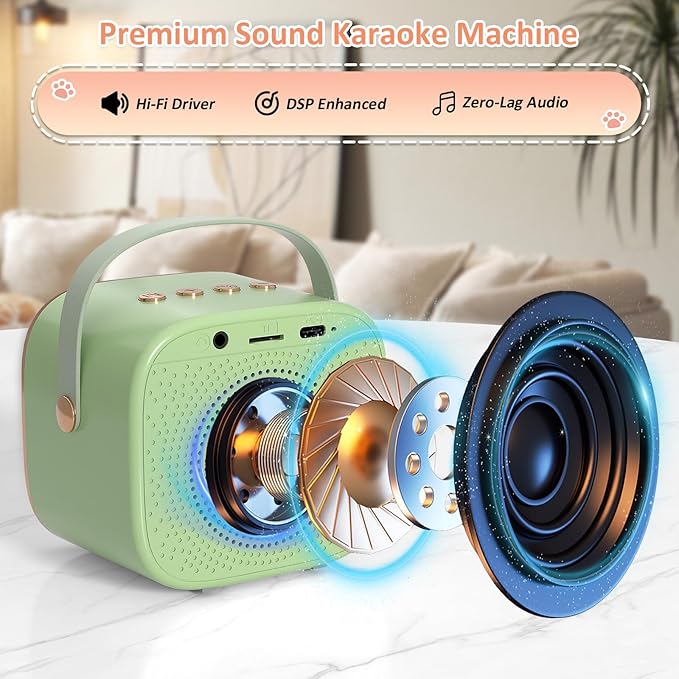 J&D Mini Karaoke Machine for Kids Adults, Portable Bluetooth Speaker with 2 Wireless Mics and Cat Sticker for Girls Boys Age 3–10 Birthday Gifts Princess Toys, Colorful LED, Green-BubblyBeeBaby