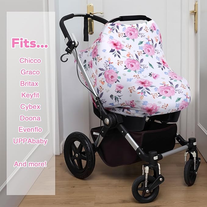 Rquite All-in-1 Car Seat Cover Baby, Carseat Covers for Girl Boy, Stretchy Soft Infant Car Seat Cover, Multi-use Baby Carrier Cover, Car Seat Canopy, Stroller Sun Shade, Nursing Breastfeeding Cover-BubblyBeeBaby