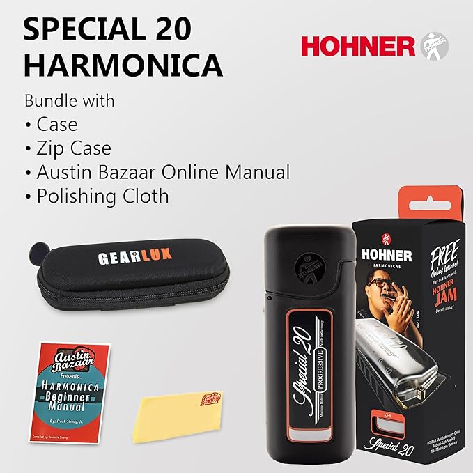 Hohner Special 20 Harmonica - Key of C Bundle with Zip Case, Instructional Manual, and Austin Bazaar Polishing Cloth-BubblyBeeBaby