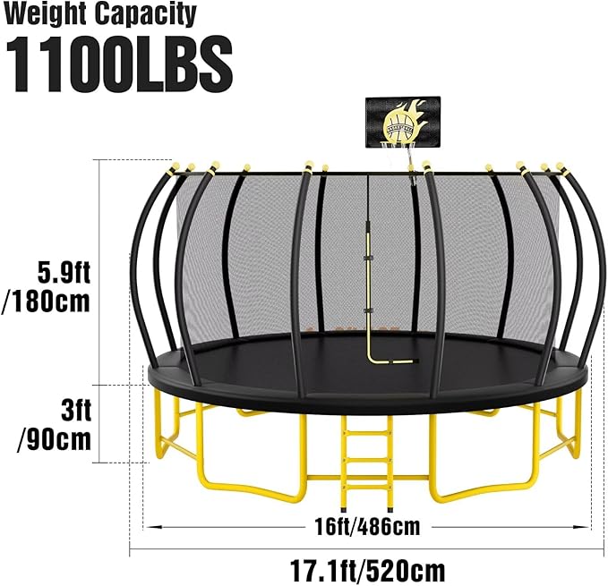 10FT 12FT 14FT 16FT Pumpkin Trampoline for Kids Adults, ASTM Approved Outdoor Recreational Trampoline with Basketball Hoop, Enclosure Net, Yellow-BubblyBeeBaby