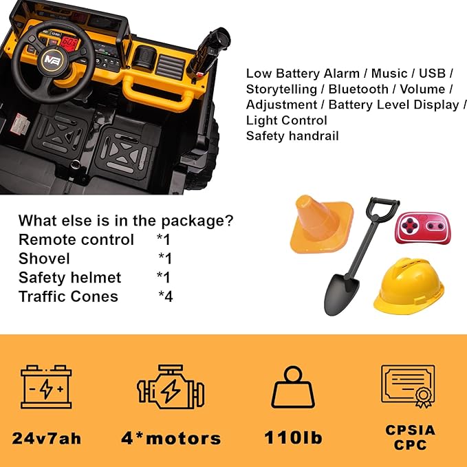 24V Ride On Dump Truck, 24inch-2 Seater Ride On Car for Kids w/Remote Control 4WD/2WD Up to 5 Mph, 24v Ride on Toys for Big Kids w/Electric Dump Bed Extra Shovel Traffic Cones (Yellow)-BubblyBeeBaby