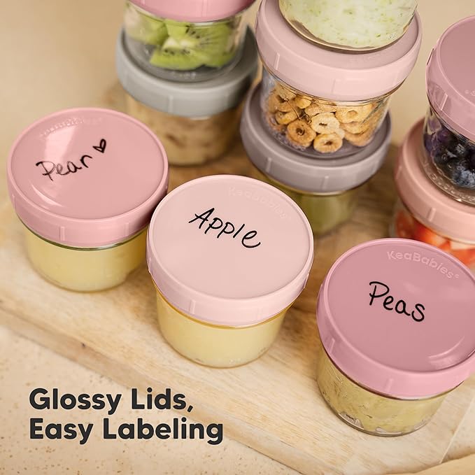 KeaBabies 6pk 4oz Glass Baby Food Containers with Lids - Leak-Proof, Microwavable Small Glass Jars, Baby Purees & Toddler Snack Storage Containers, BPA-Free, Dishwasher & Freezer Safe (Roseate)-BubblyBeeBaby