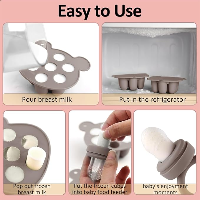 JEXFUN Silicone Baby Fruit Food Feeder Pacifier & Breastmilk Popsicle Freezer Molds, Double as Baby Teething Toys, Freezable Feeding Set for Breast Milk Ice Cubes, Food, Vegetable Purees - (Sand)-BubblyBeeBaby