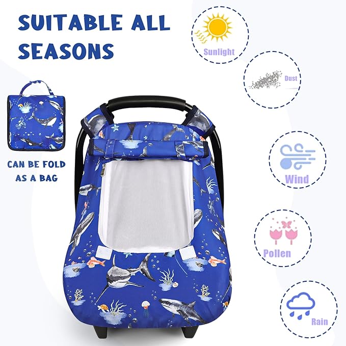 Pea Pod Car Seat Cover Baby, Infant Car Seat Canopy Covers for Newborn with 2 Layers Windows of Breathable Mesh Fabric, Lightweight Polyester/Soft Minky Dot Backing (Ocean)-BubblyBeeBaby