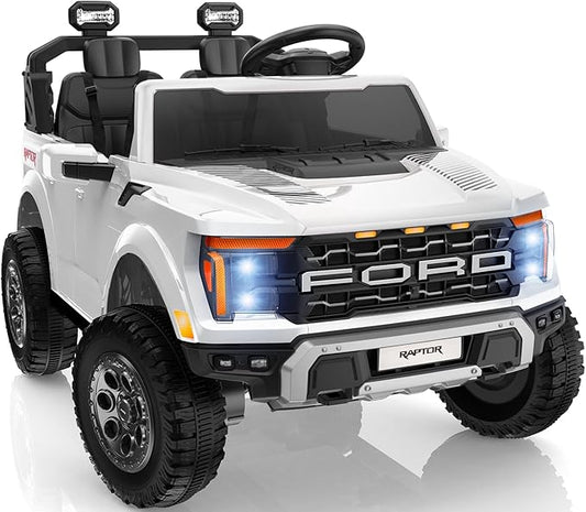 24V Kids Ride On Truck, Licensed Ford F-150 Raptor 2 Seater Electric Car w/Remote Control, Toddler Ride On Car Toys w/LED Lights, Bluetooth, Music, Truck Bed Storage, Soft Start (White)-BubblyBeeBaby