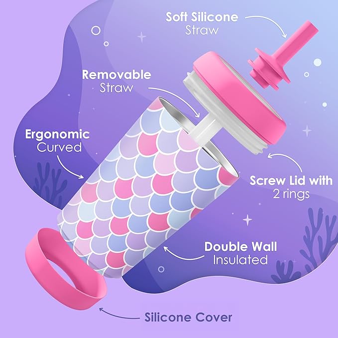 Kid Insulated Stainless Steel Tumbler with Silicone Straw, 12oz Sippy Cup for Kids (Mermaid Scale)-BubblyBeeBaby