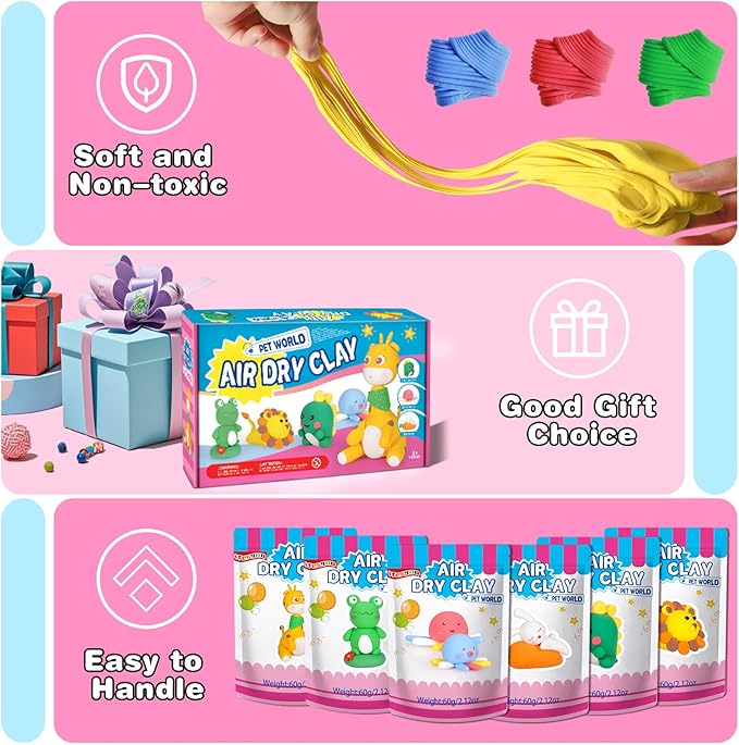 ifergoo Air Dry Clay for Kids - Animal Modeling Clay Kit, 6 Animal Designs with Sculpting Tools & Tutorials, Ultra Light & Soft, Arts & Crafts DIY Creative Toys, Gifts for Age 3-12 Girls & Boys-BubblyBeeBaby