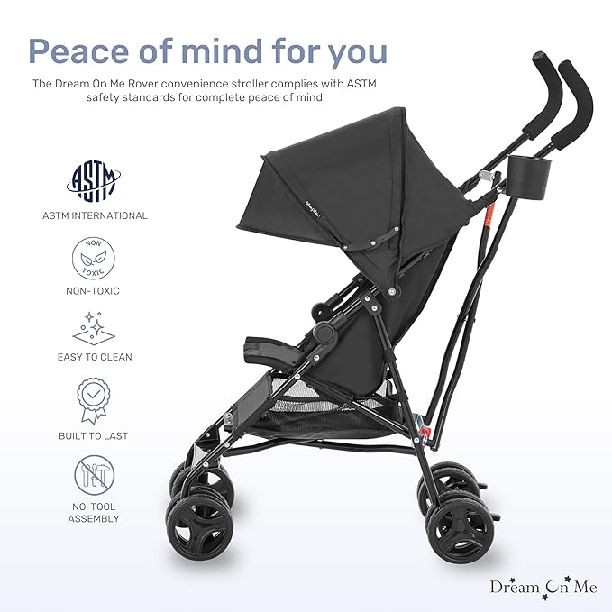 Dream On Me Rover Convenience Baby Stroller in Black, Lightweight & Compact Umbrella Stroller, Easy one-Hand fold Travel Stroller, Lockable Rear Wheels, Removable & Adjustable Canopy-BubblyBeeBaby
