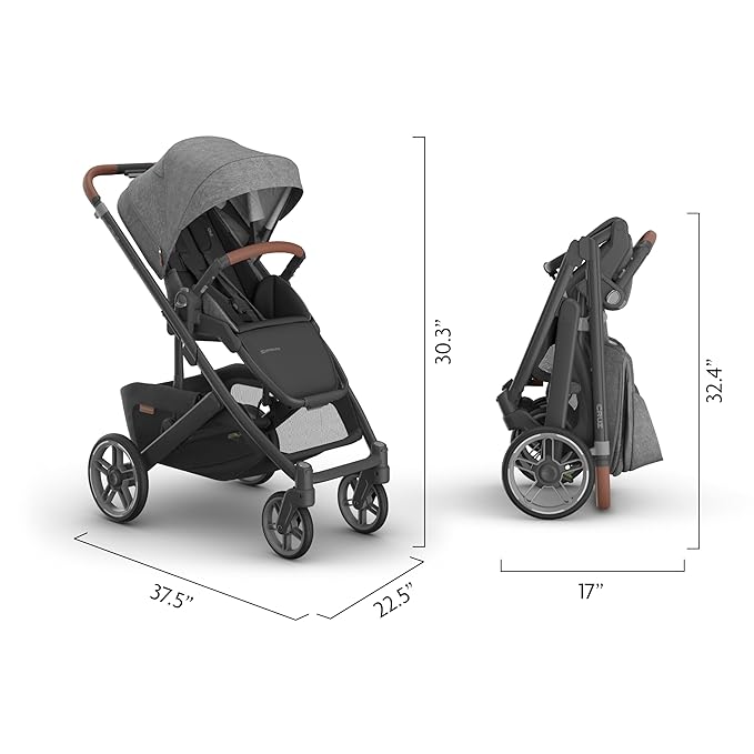 UPPAbaby Cruz V3 Stroller - from Birth + Car Seat Compatible - Full-Size, Reversible Seat - Infant Insert, Bug and Rain Shields Included - Greyson (Charcoal Mélange/Carbon Frame/Saddle Leather)-BubblyBeeBaby