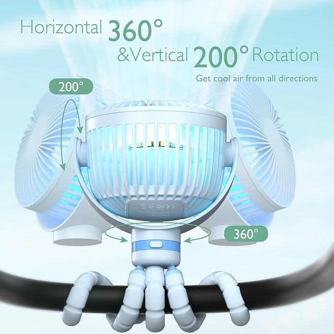 Momcozy Portable Stroller Fan, 8000mAh, 27H Ultra-long Battery Life, Detachable 4 Speed 360°Rotate, LED Night Light with 2 Modes, USB Rechargeable Handheld Cooling Fan for Travel, Car Seat, Bedroom-BubblyBeeBaby