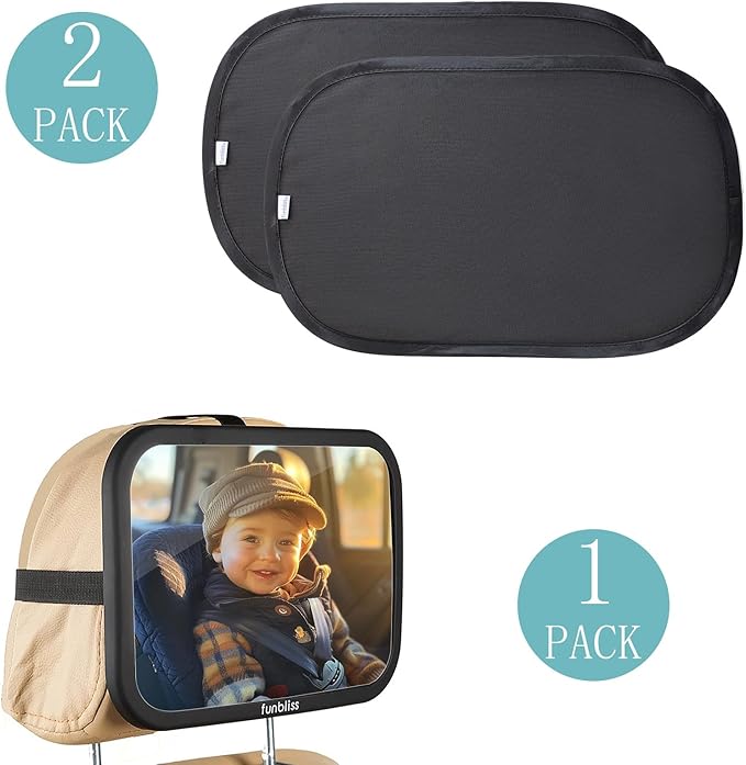 Funbliss Baby Car Mirror + 2-Pack Car Window Shades Bundle -100% Shatterproof, Wide Angle Convex-BubblyBeeBaby
